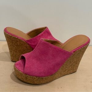 LAICIGO Women’s Hot Pink Faux Suede Wedge Heels (Size 8)
